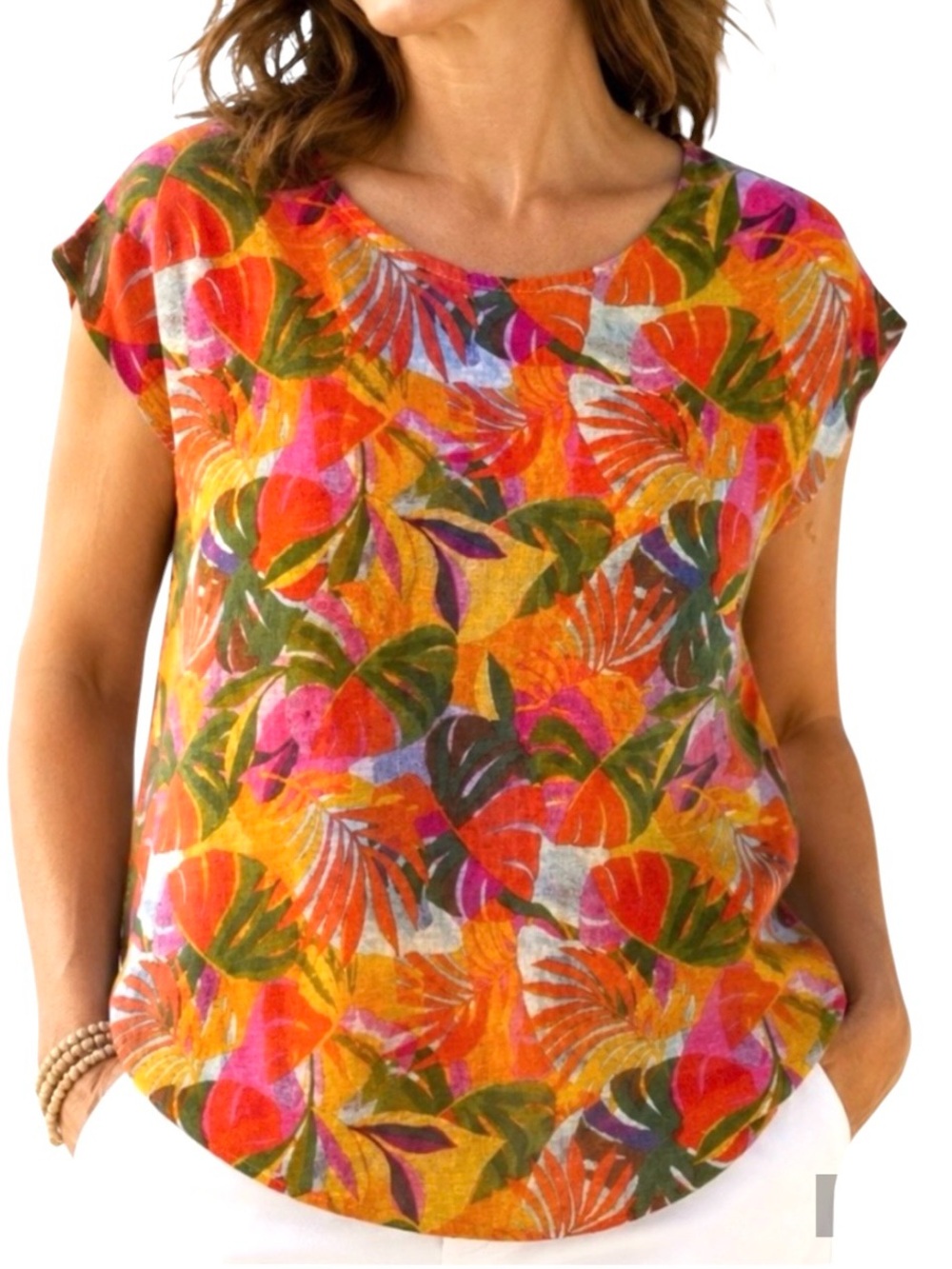 C & C California Tropical print linen top Women’s L Resort Vibrant Vacation